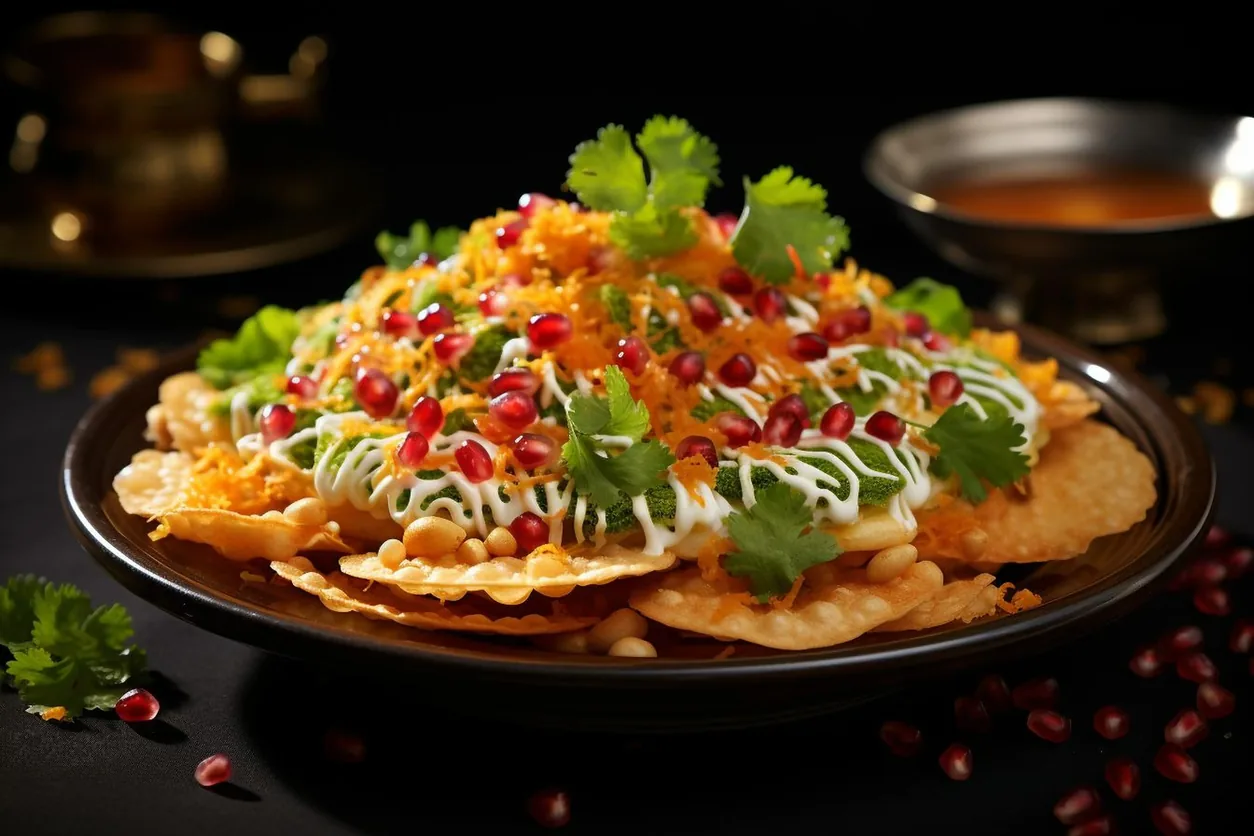 Papdi chaat at Sweet-Chili Authentic Indian Restaurant Edmonton - crispy papdi with yogurt, chutneys and pomegranate