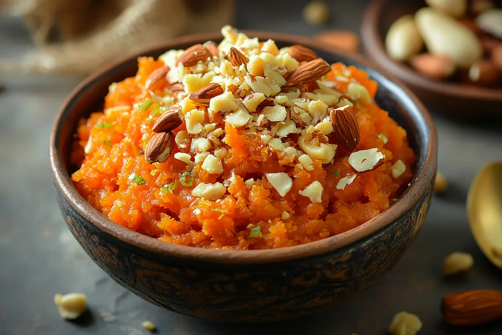 Gajar halwa at Sweet-Chili Authentic Indian Restaurant Edmonton - slow-cooked carrot pudding topped with chopped nuts